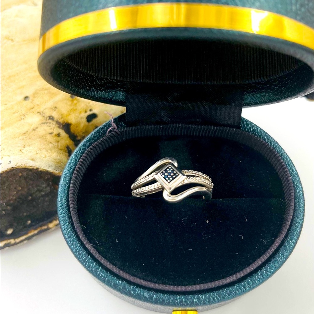 Vintage 925 Blue & White Diamond Art Deco Ring signed JWBR